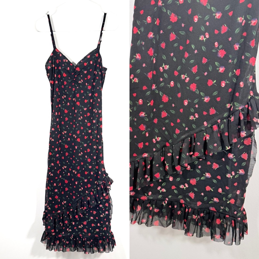 Vintage Y2K Into Black Red Rose Floral Ruffle Stretch Knee Length Dress XS